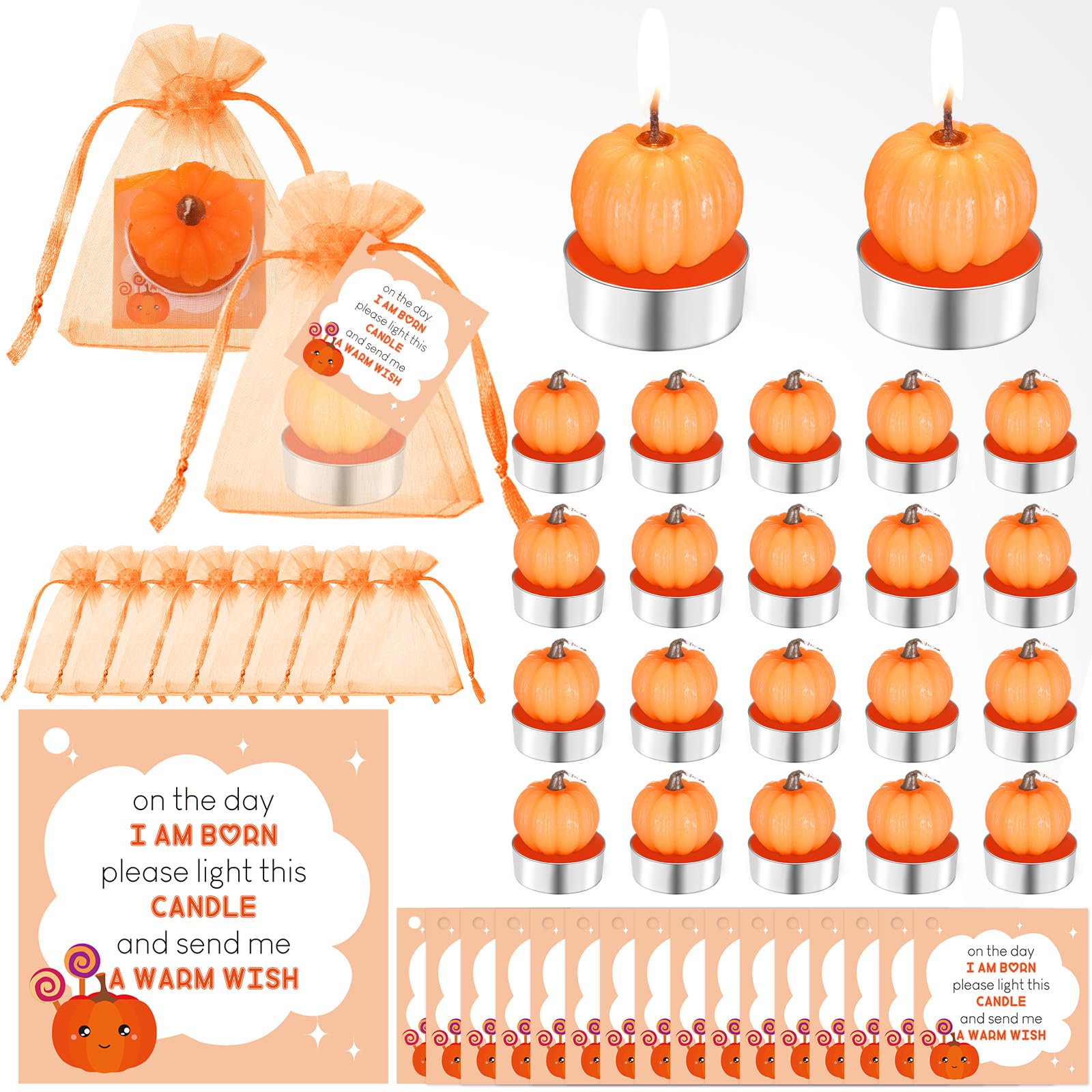 MTLEE 48 Sets Baby Shower Favors Include 48 Succulent Pumpkin Shaped Candles Fall Mini Plants Tea Lights Candles with 48 Invitations Cards and 48 Organza Bags for Baby Gender Reveal Guests(Pumpkin)