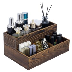 mygift 2 tier rustic burnt solid wood stackable modular vanity storage organizer trays, decorative bathroom countertop makeup cosmetic box, 2 piece set