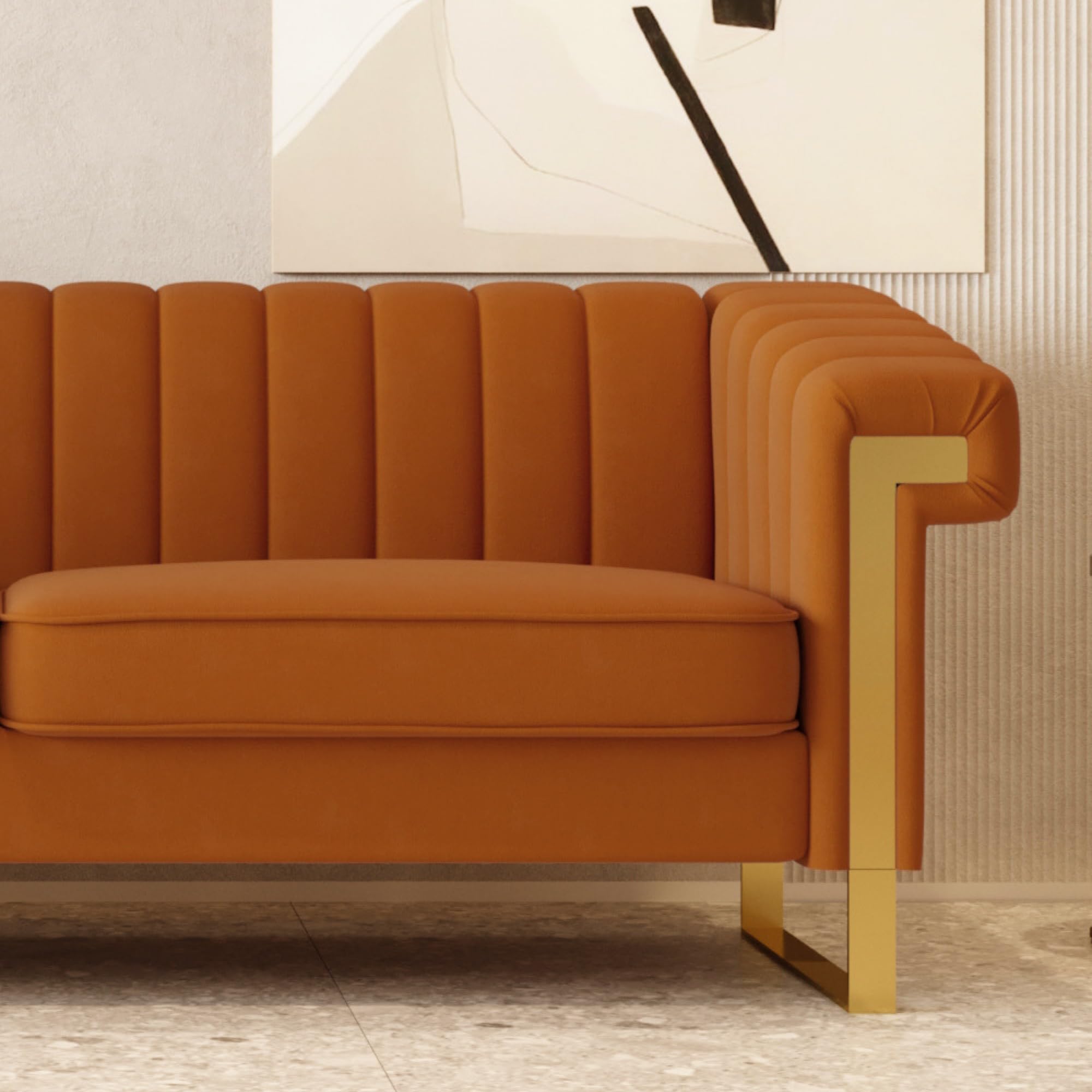 yunqishi JINGDIAN Mid-Century Modern Orange Velvet Sofa with Gold Metal Legs, 83.86" Luxury Chesterfield Comfy Orange Couches for Living Room (Velvet, Orange)