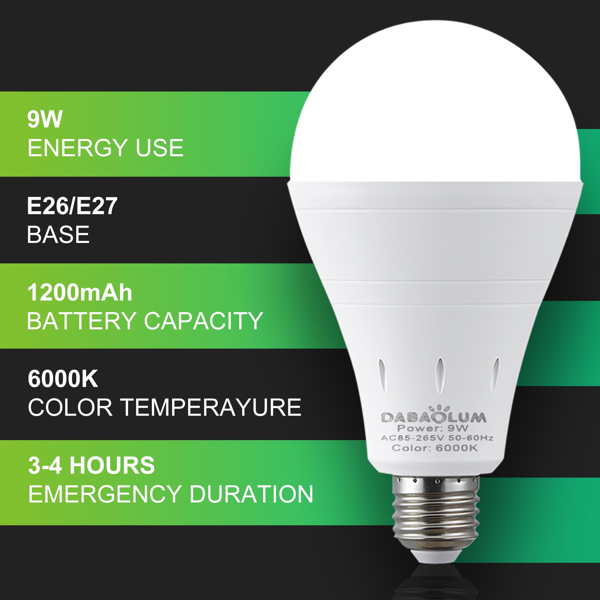 DABAOLUM 6 Pack Rechargeable Emergency Light Bulbs, Battery Powered LED Light Bulb 6000K Daylight E26 120 Volt 9W 60W Equivalent with 1200mAh for Home Power Outage Camping Hurricane