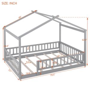 Polibi Full Size Wood Floor Bed Frame,Full House-Shaped Bed Daybed with Fence, for Kids Teens Girls Boys,Gray