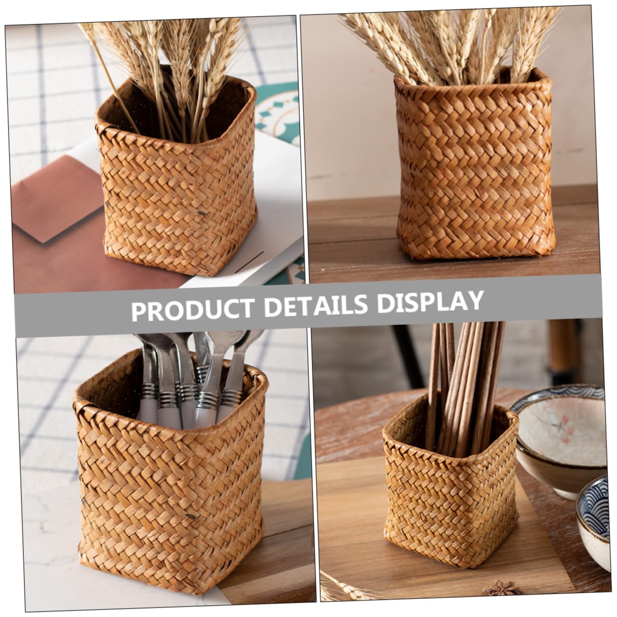 OSALADI Makeup Seagrass Weaving Remote Desk Organizer Pencil Small Vase Flower Wicker Utensil Control Kitchen Plant Office Brush Straw Pen Basket Rattan Trash Can Holder Desktop