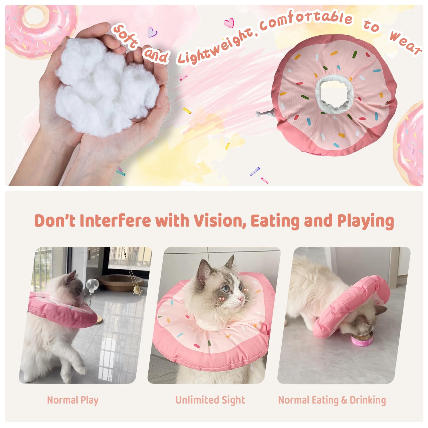 KUDES Cat and Small Dog Cone Waterproof, [Unique Design] Cute Donut Cat E Collar with Removable Washable Cover, Adjustable Neck Cone After Surgery Recovery Collar Pillow for Small Pets to Stop Licking