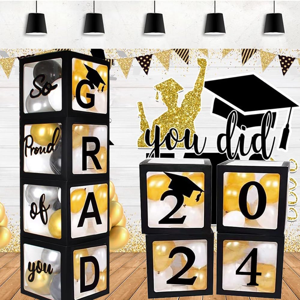 2024 Graduation Party Decoration Black Balloon Boxes with Letters 2024 Grad & So Proud of You and 20 pcs Ballons…