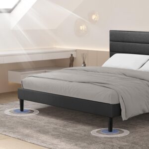 BONSOIR Queen Size Grey Color Modern Low Profile Upholstered Bed Frame with Tufted Headboard