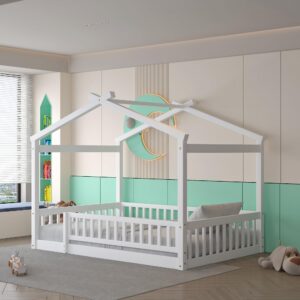 harper & bright designs full house bed with rails,full floor bed for kids,full size montessori bed frame with support slats,wooden kids full playhouse beds for boys girls(white)