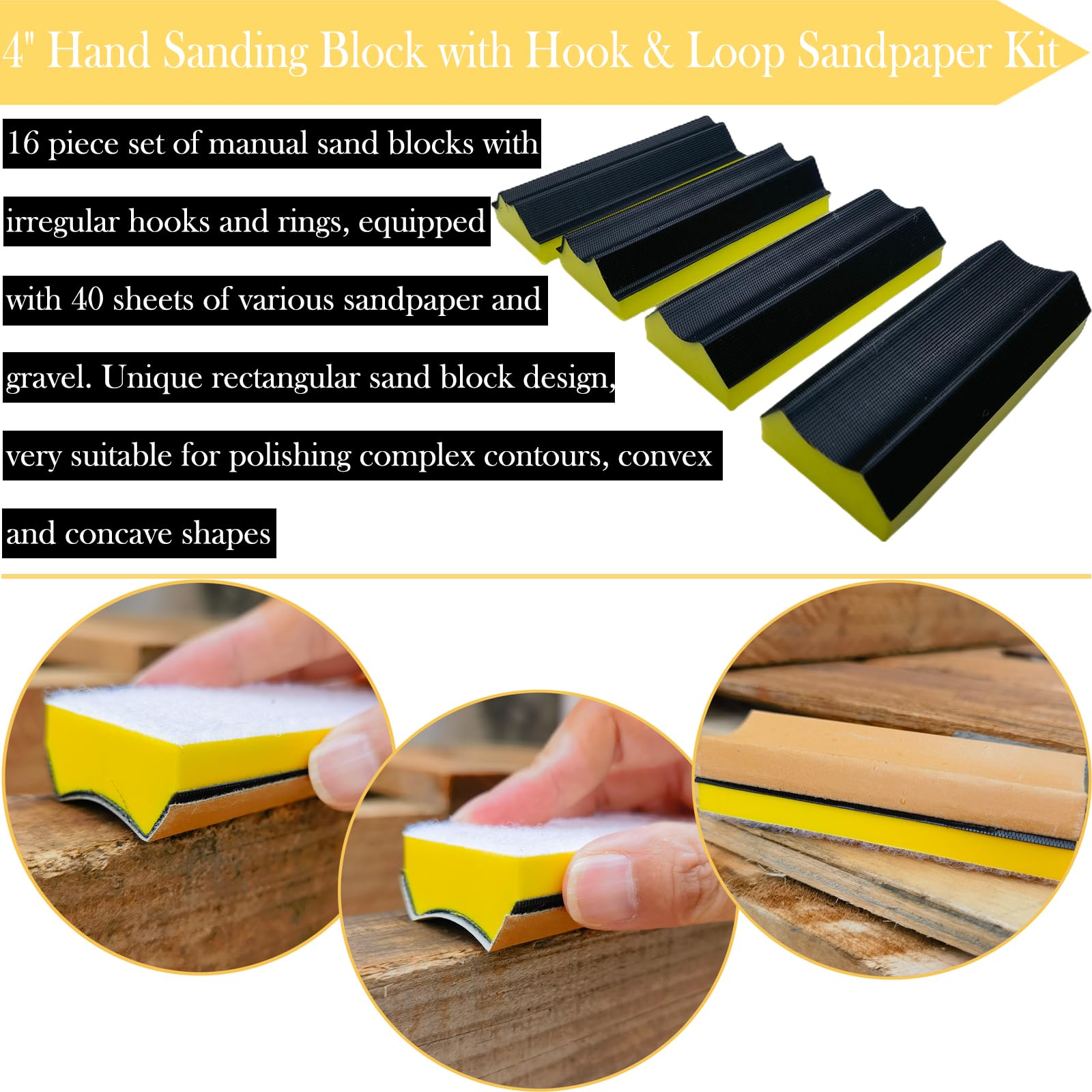 Total 56 PCS Hand Sanding Block Set- 16 PCS Contoured Profile Sander Block + 40 Sheet Sandpaper Kit - Interchangeable Assorted Convex & Concave Shapes for Moldings,Woodworking, Auto Paint and Crafts