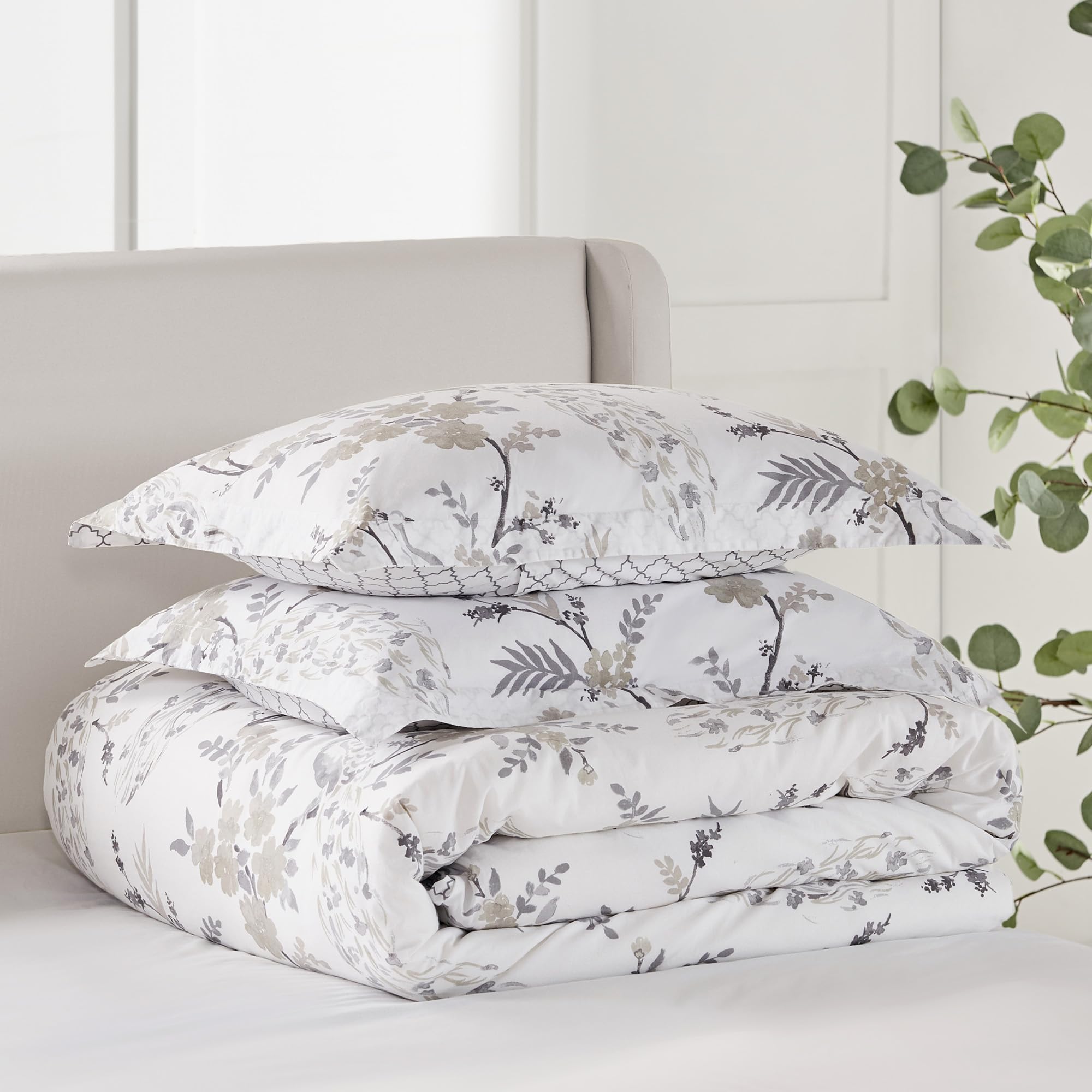 Levtex Home - Pisa Duvet Cover Set Full/Queen + Two Standard Pillow Cases Floral Contemporary Peacock Grey and Taupe (90 x 94in.) Case (26 20in.) Cotton