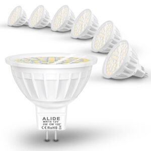 alide mr16 led bulbs 5w,50w halogen equivalent,wide angle 120 degree,gu5.3 bi-pin 5000k daylight white,12v mr16 led for overhead tracking flood recessed accent ceiling landscape lighting, 6 pack