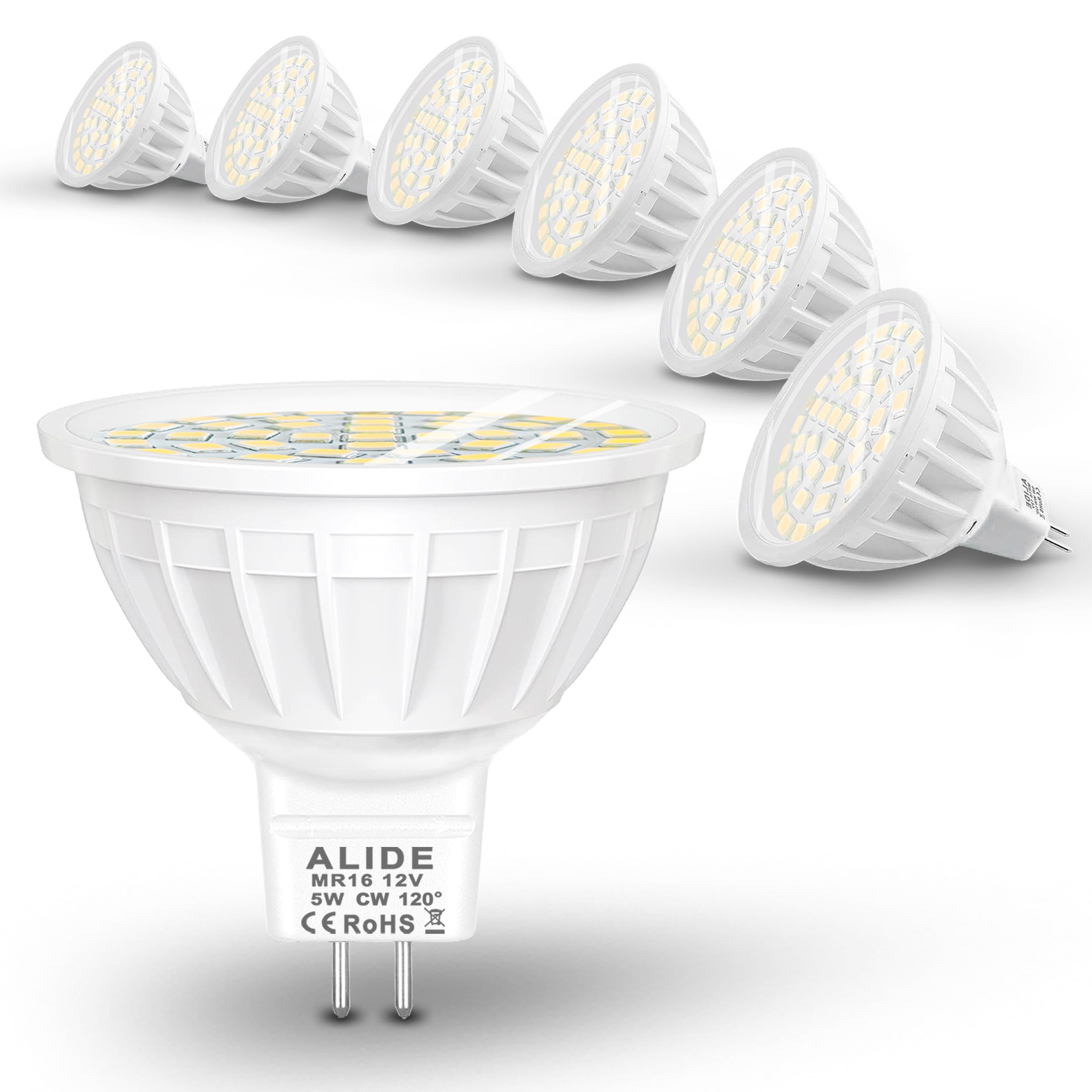 ALIDE MR16 Led Bulbs 5W,50W Halogen Equivalent,Wide Angle 120 Degree,GU5.3 Bi-Pin 5000K Daylight White,12V MR16 LED for Overhead Tracking Flood Recessed Accent Ceiling Landscape Lighting, 6 Pack