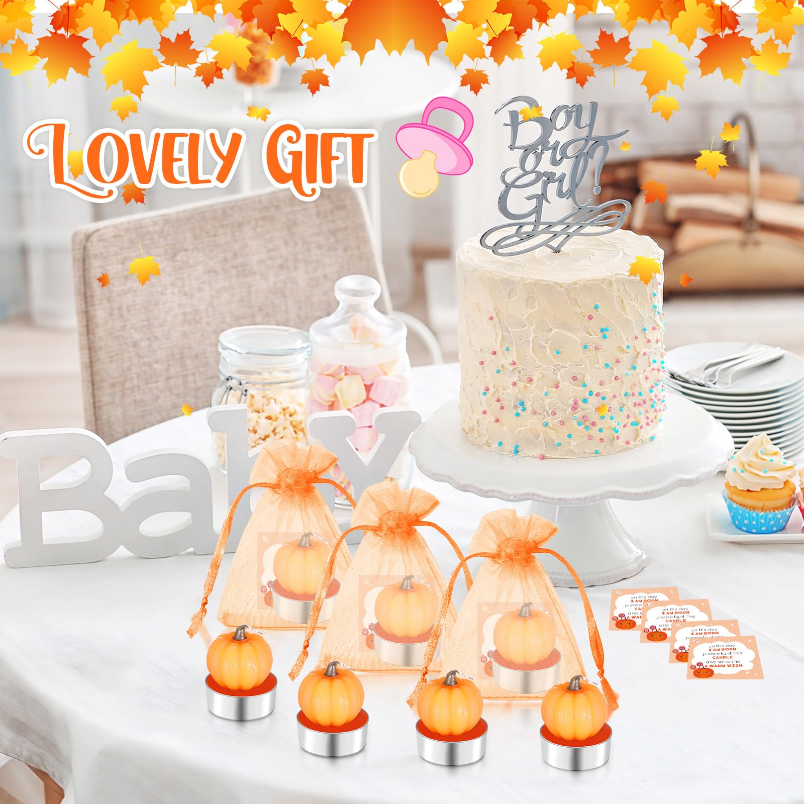 MTLEE 48 Sets Baby Shower Favors Include 48 Succulent Pumpkin Shaped Candles Fall Mini Plants Tea Lights Candles with 48 Invitations Cards and 48 Organza Bags for Baby Gender Reveal Guests(Pumpkin)