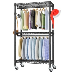 heavy duty clothes rack rolling garment rack,3 tier adjustable wire shelving clothing racks for hanging clothes with double rods&side hooks,freestanding wardrobe storage rack metal portable closet