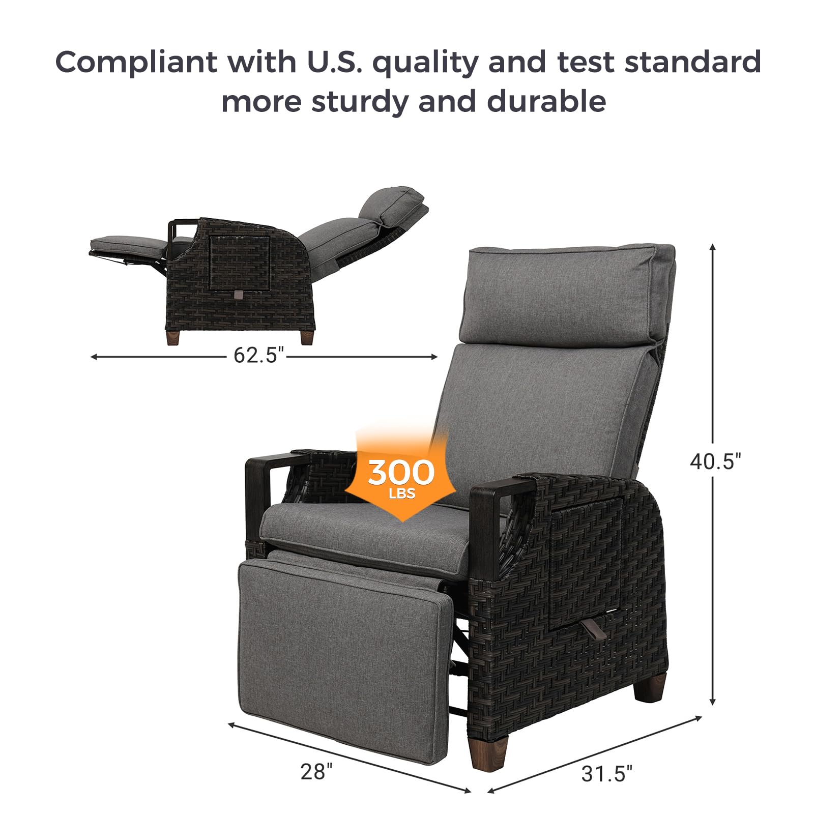 Grand patio Outdoor Recliner with Independent Adjustable Back and Footrest, Air Pump 150° Lay Flat Reclining Chair Removable Olefin Cushion Flip-Up Table Wicker Grey 1PC