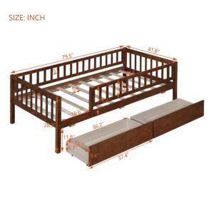 Harper & Bright Designs Twin Daybed with Two Drawers, Wood Twin Size Bed Frame with Fence Rails and Storage,Montessori Twin Bed for Kids Girls Boys,No Box Spring Needed,Walnut