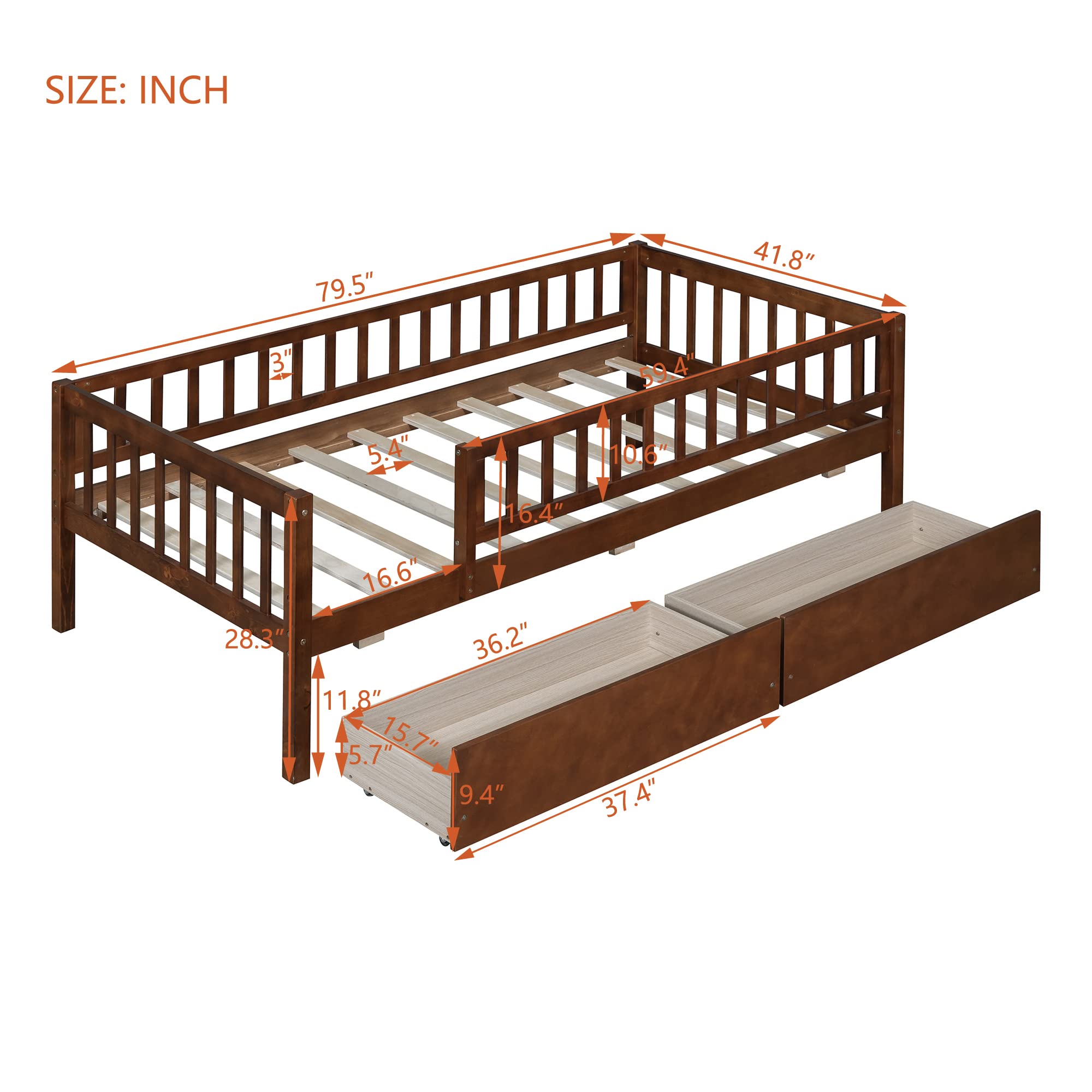 Harper & Bright Designs Twin Daybed with Two Drawers, Wood Twin Size Bed Frame with Fence Rails and Storage,Montessori Twin Bed for Kids Girls Boys,No Box Spring Needed,Walnut