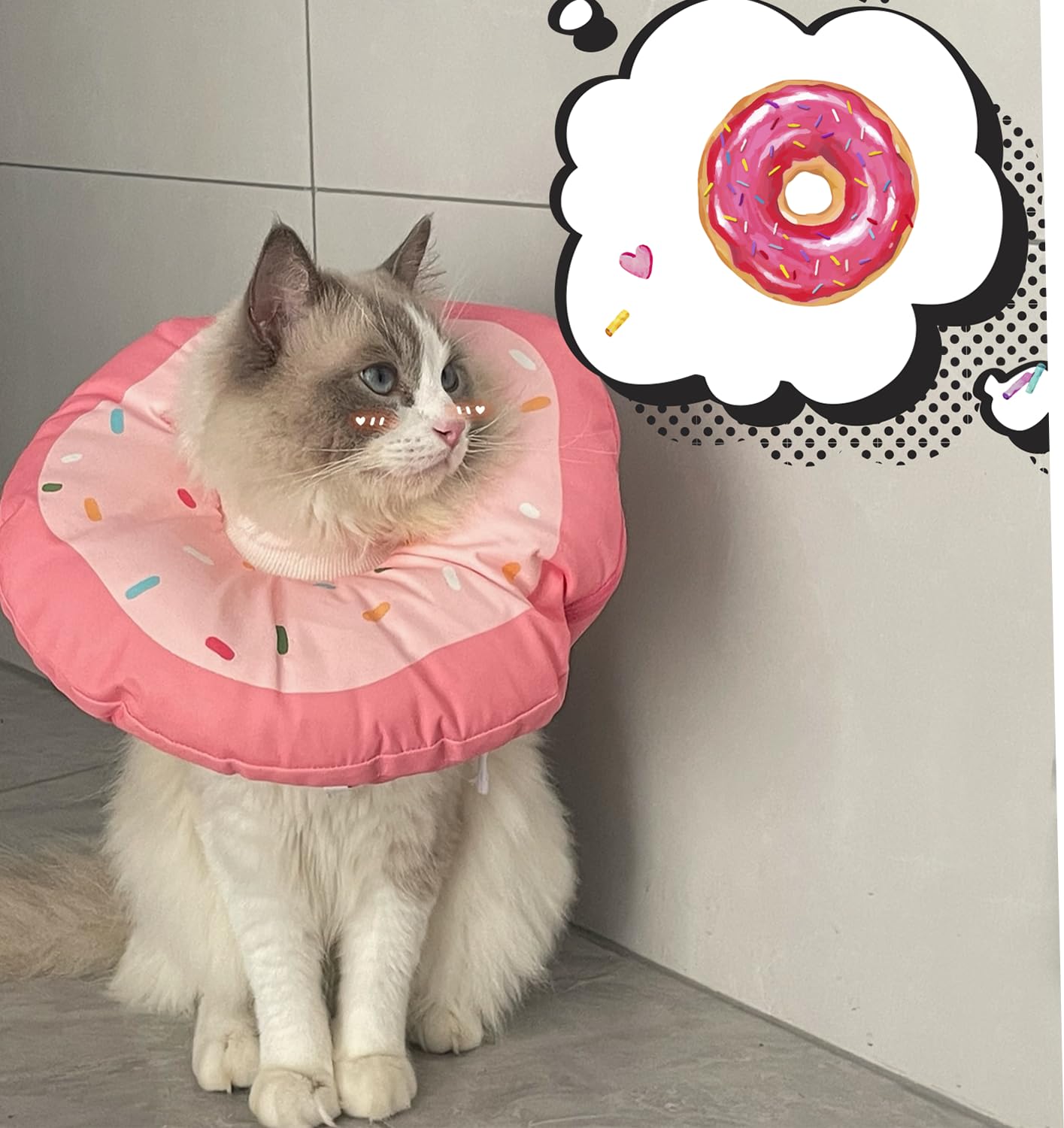 KUDES Cat and Small Dog Cone Waterproof, [Unique Design] Cute Donut Cat E Collar with Removable Washable Cover, Adjustable Neck Cone After Surgery Recovery Collar Pillow for Small Pets to Stop Licking