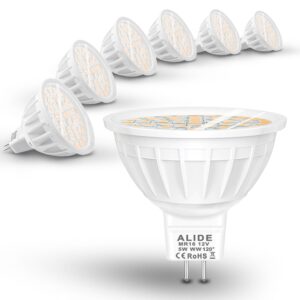 alide mr16 led flood bulbs 5w, replace 50w halogen,wide angle 120 degree beam,gu5.3 bi-pin 2700k warm white,12v mr16 led bulb for overhead tracking flood recessed accent landscape lighting,6 pack