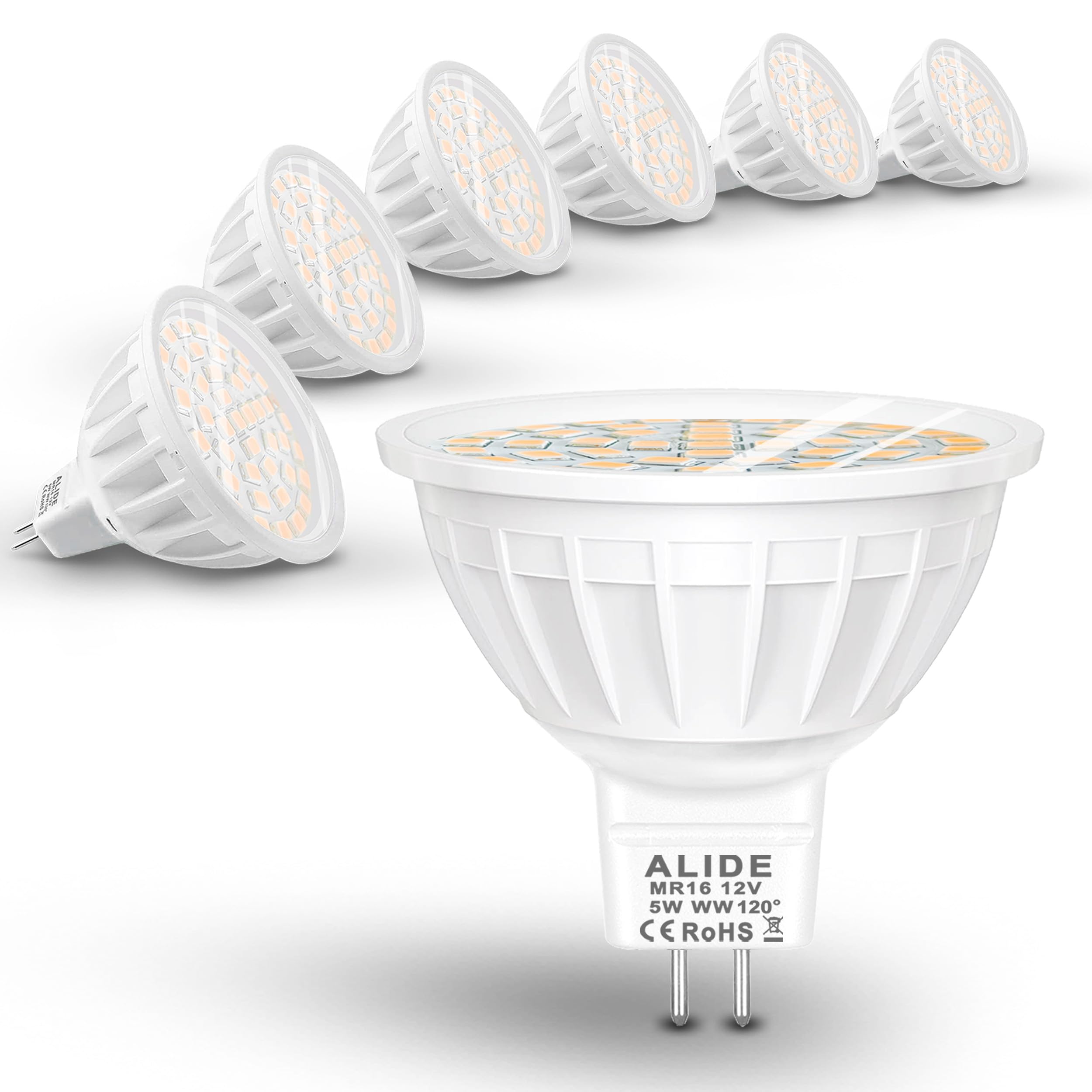 ALIDE MR16 Led Flood Bulbs 5W, Replace 50W Halogen,Wide Angle 120 Degree Beam,GU5.3 Bi-Pin 2700K Warm White,12V MR16 LED Bulb for Overhead Tracking Flood Recessed Accent Landscape Lighting,6 Pack