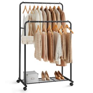 songmics double rods clothes rack with wheels, clothing rack for hanging clothes, heavy duty garment rack with mesh storage shelf, 2 brakes, each top rail holds up to 77 lb, black uhsr26bkv1