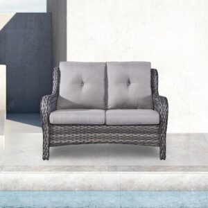 Patio Loveseat Wicker Outdoor Couch - 2-Seater Rattan Patio Sofa with Deep Seating and Comfortable Cushions for Outside Porch Deck Poolside Balcony(Mixed Grey Wicker/Grey Cushion)