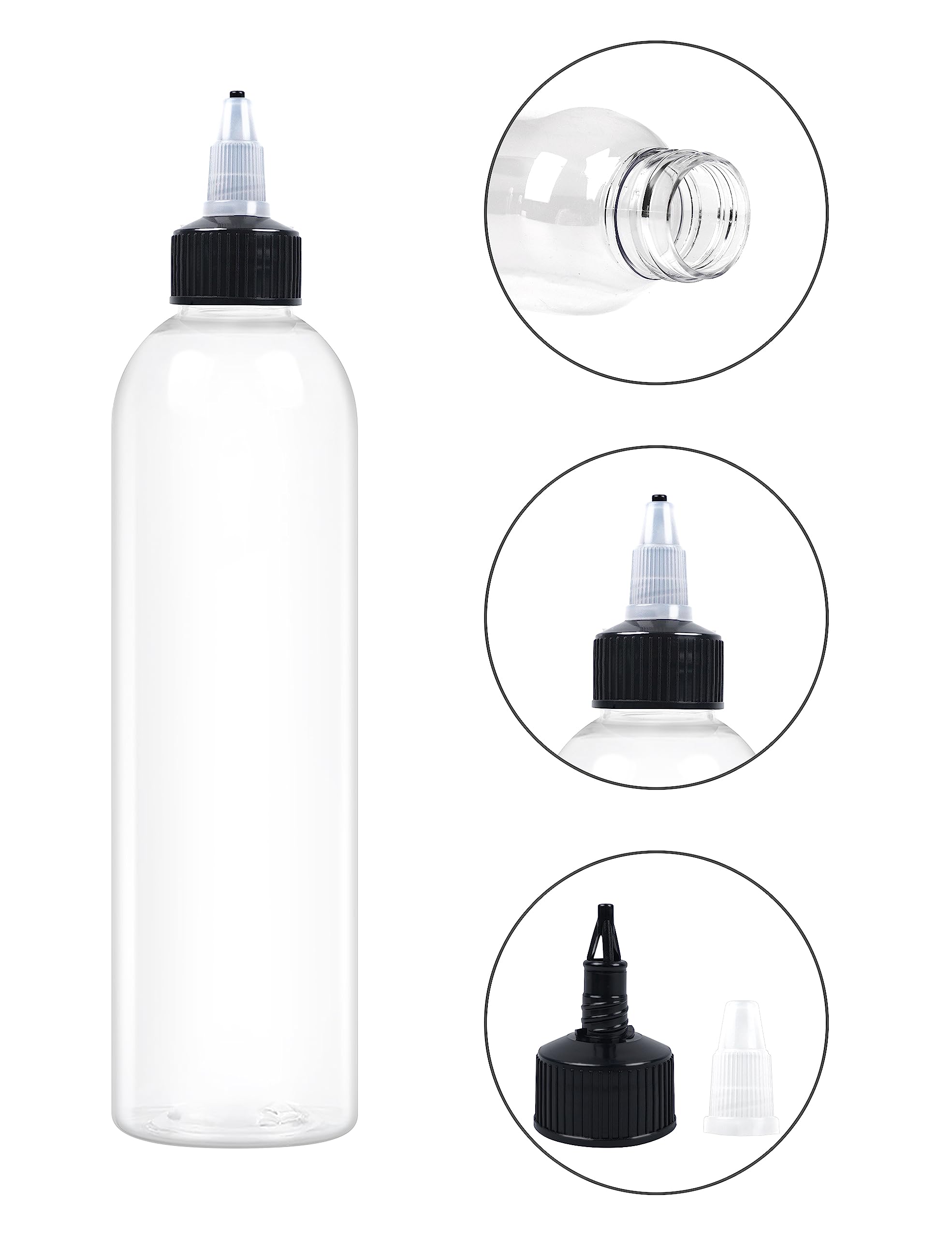 EOSAU 12Pcs 8oz Squeeze Bottles with Black Twist Top Cap, 250ml Clear Dispensing Bottles, Empty Refillable Bottle for Hair Oil Inks, Crafts, Liquids