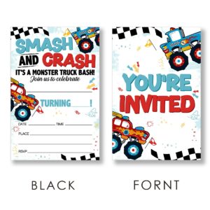 EUDOSI Monster Truck Birthday Invitations Supplies Fill-In Set of 20 with Envelopes Trucks Birthday Party Invites Cards, Double Sided