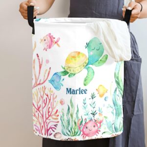 Under the Sea Turtle Jellyfish Personalized Laundry Basket Clothes Hamper with Handles Waterproof,Custom Collapsible Laundry Storage Baskets for Bedroom,Bathroom Decorative Large Capacity