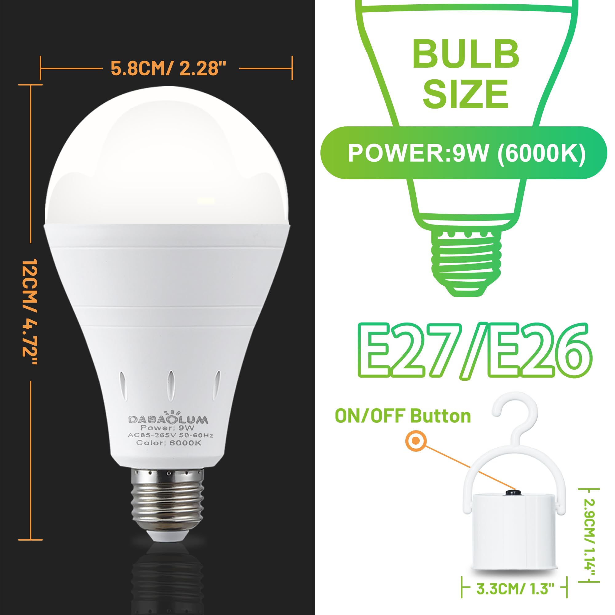 DABAOLUM 6 Pack Rechargeable Emergency Light Bulbs, Battery Powered LED Light Bulb 6000K Daylight E26 120 Volt 9W 60W Equivalent with 1200mAh for Home Power Outage Camping Hurricane