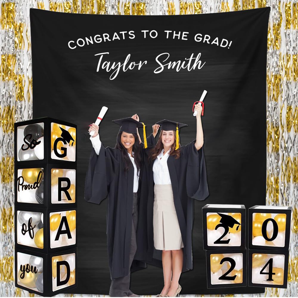 2024 Graduation Party Decoration Black Balloon Boxes with Letters 2024 Grad & So Proud of You and 20 pcs Ballons…