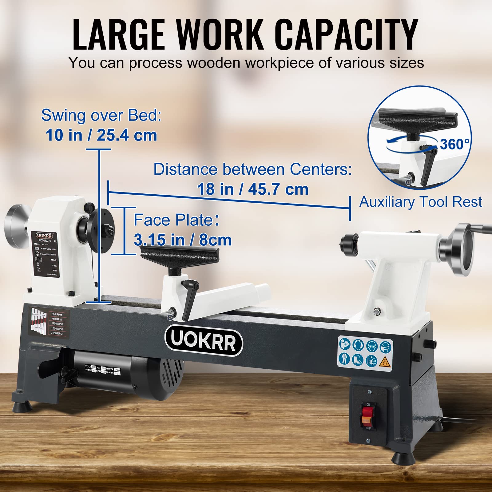 UOKRR Benchtop Wood Lathe 10" x 18" Wood Lathe Machine 5 Variable Speeds 500/750/1150/1800/3200RPM Mini Wood Turning Lathe for Woodworking 1/2HP Multifunctional Power Wood Lathe