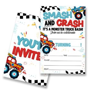 eudosi monster truck birthday invitations supplies fill-in set of 20 with envelopes trucks birthday party invites cards, double sided