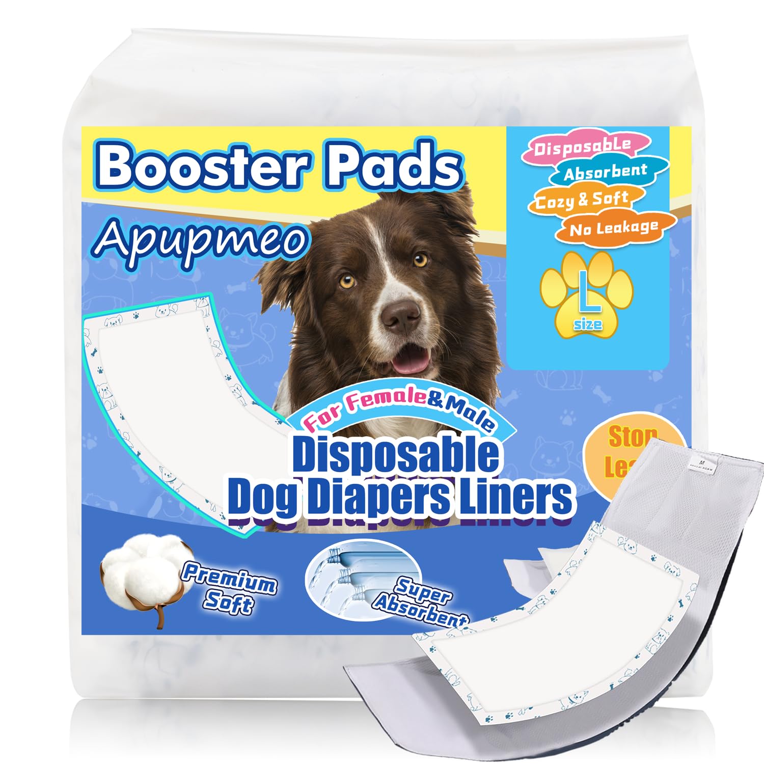 Apupmeo Disposable Dog Diaper Liners - 20PCS Dog Booster Pads for Male Female Dogs - Doggie Diaper Insert Pads for Pet Belly Bands Wraps Period Pants Covers(L,20)