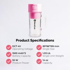 BlendQuik, Personal Portable Blender For Shakes & Smoothies, Leakproof & Stylish Portable Mason Jar Shaker, Rechargeable Mini Blender with 10-Blade Blending System 14oz, Pink