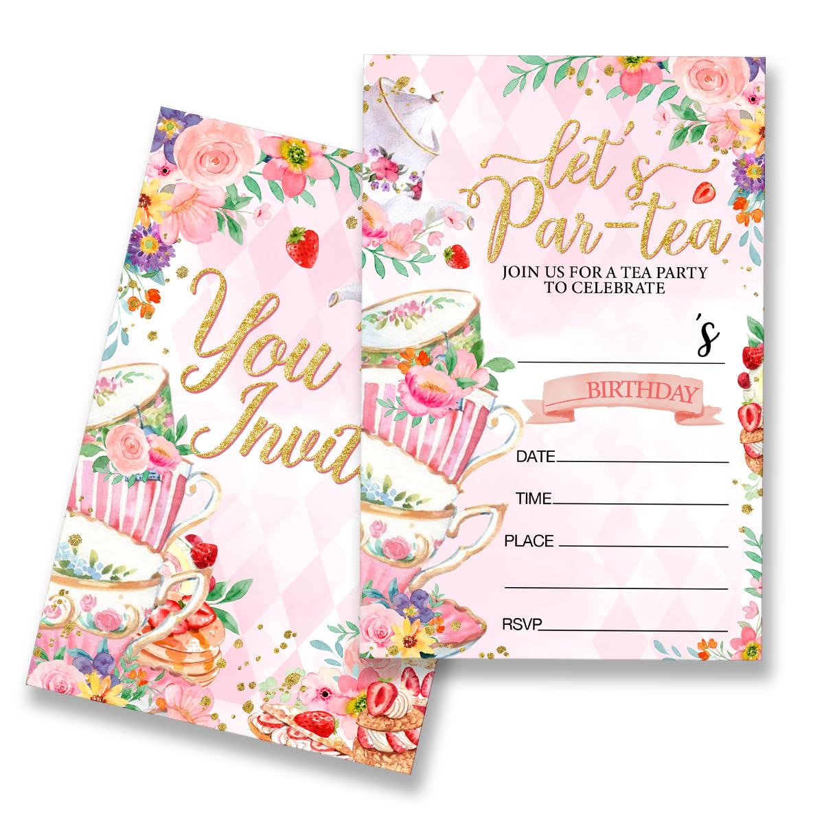 Tea Party Birthday Invitations Supplies Fill-In Set of 20 with Envelopes Pastel Tea Birthday Bash Invites Cards, Double Sided