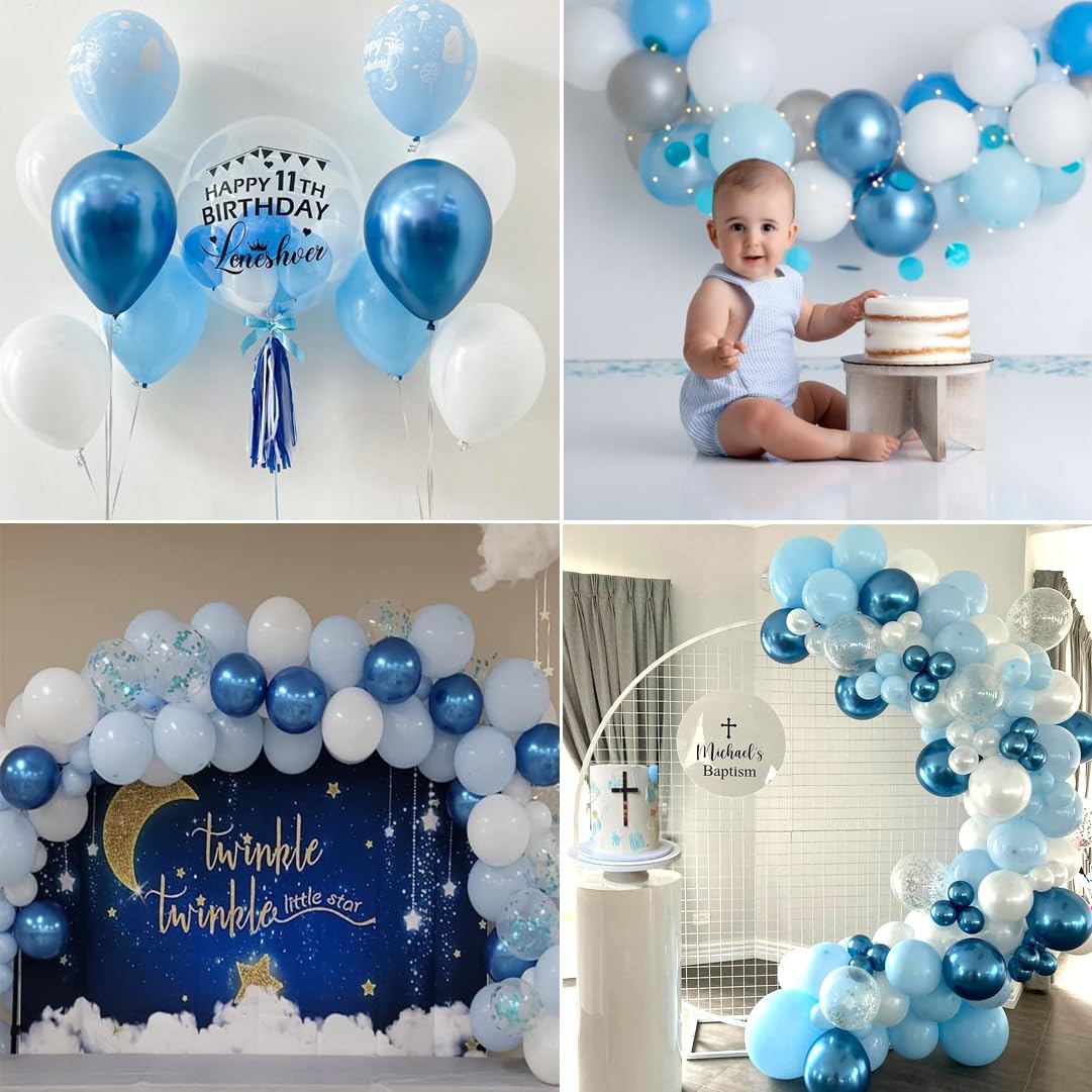 Blue White Balloons Set, 60 Pcs 12 Inch Metallic Chrome Blue Balloons Pearl Blue Balloons Light Blue Balloons Blue White Balloons for Baby Shower, Birthday, Bridal Shower, Wedding Party Decoration