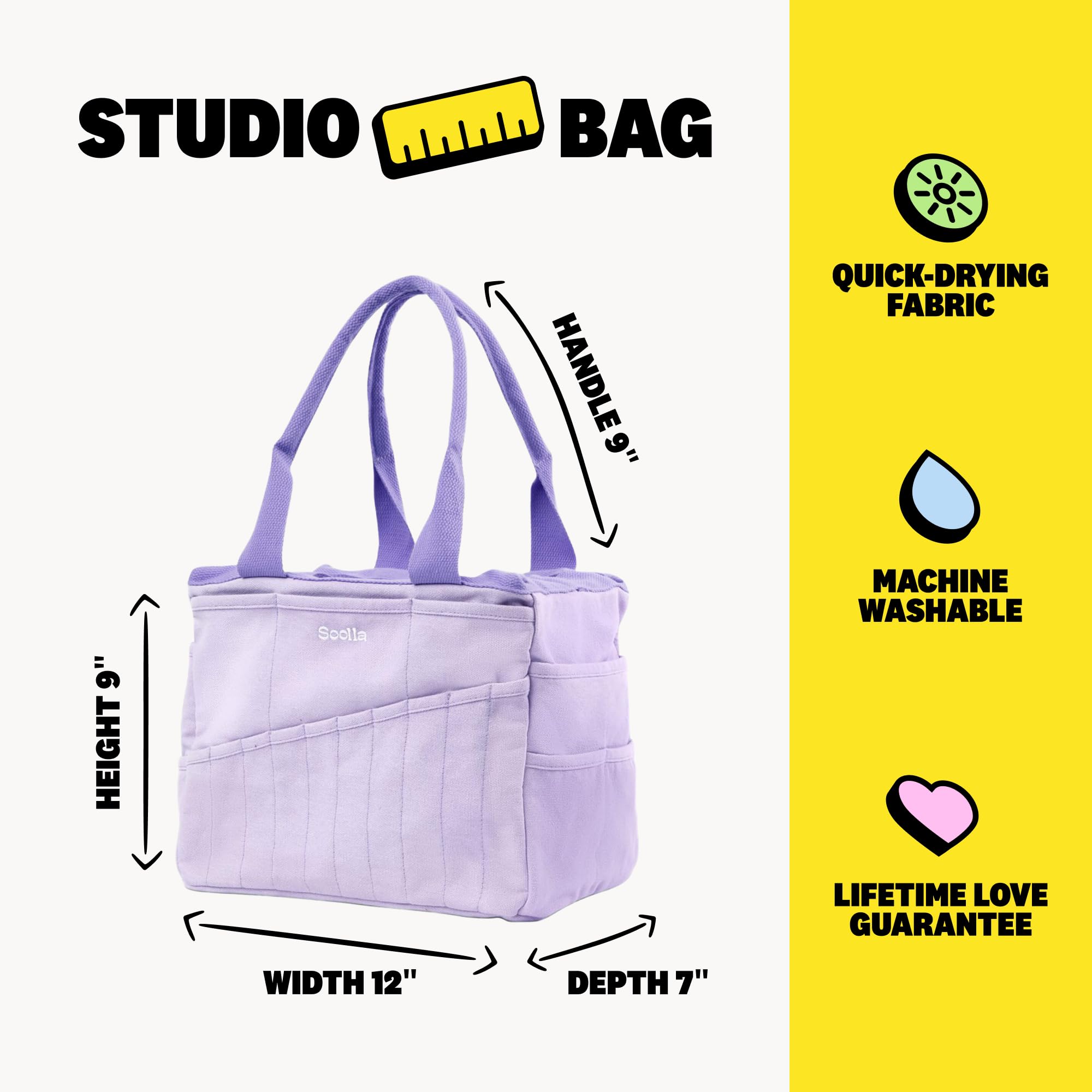 Soolla Studio Bag - World's Most Loved Art Supply & Pottery Tool Bag, Washable, Over 30 Pockets, 10 Premium Colors, Canvas Tote, Craft Organizer, Sewing, Knitting, Adults, Students, Kids (Lilac Love)