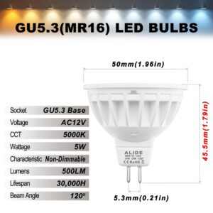 ALIDE MR16 Led Bulbs 5W,50W Halogen Equivalent,Wide Angle 120 Degree,GU5.3 Bi-Pin 5000K Daylight White,12V MR16 LED for Overhead Tracking Flood Recessed Accent Ceiling Landscape Lighting, 6 Pack