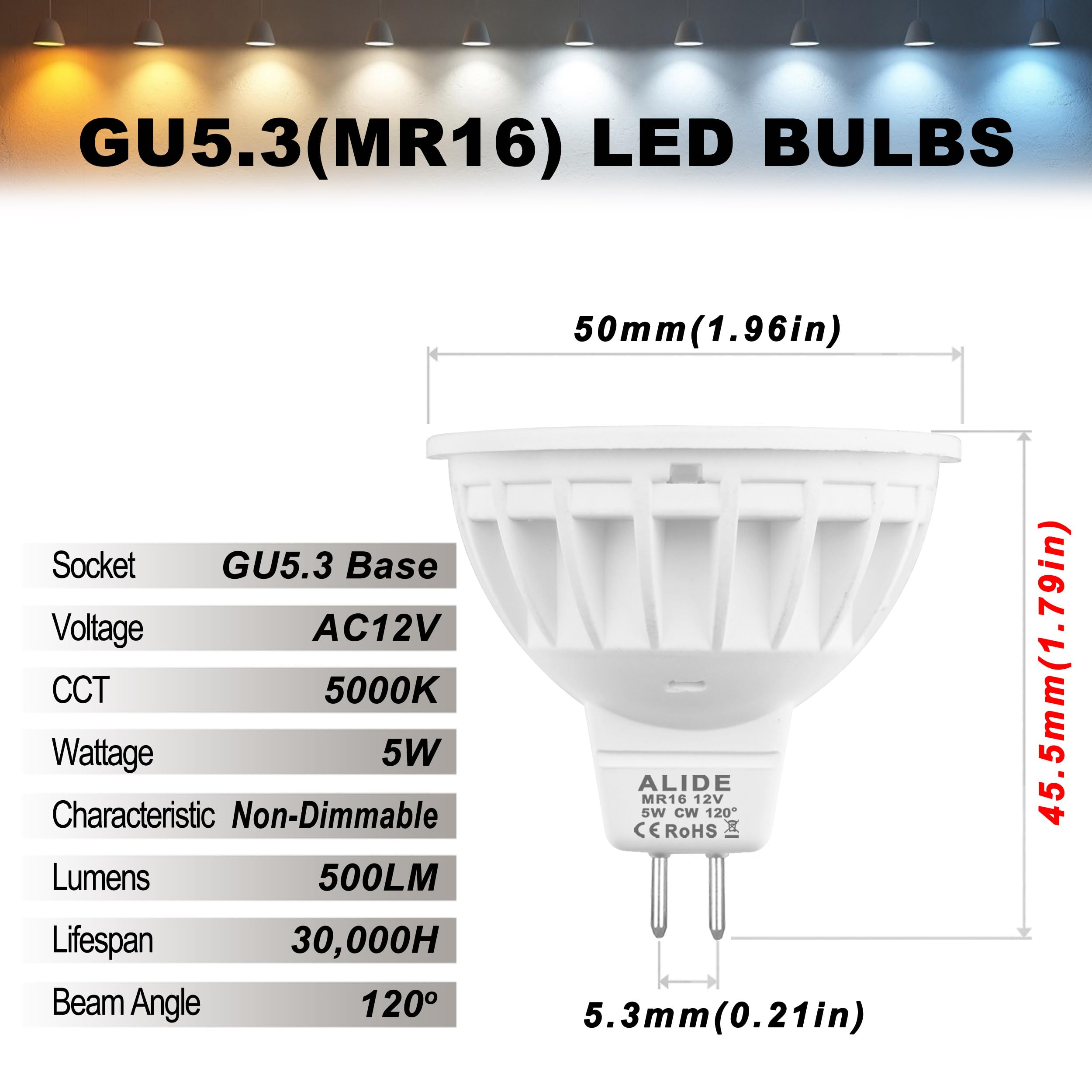 ALIDE MR16 Led Bulbs 5W,50W Halogen Equivalent,Wide Angle 120 Degree,GU5.3 Bi-Pin 5000K Daylight White,12V MR16 LED for Overhead Tracking Flood Recessed Accent Ceiling Landscape Lighting, 6 Pack