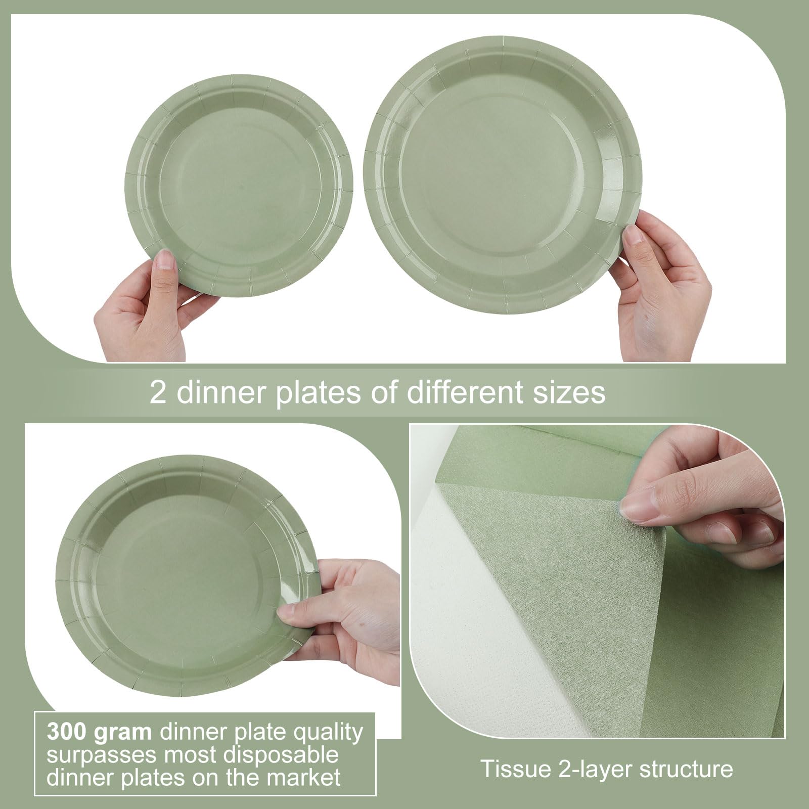 Dandat 200 Pcs Sage Green Dinnerware Set Sage Party Supplies 50 Pcs 7'' Disposable Plates 50 Pcs 9'' Paper Plates 50 Pcs Paper Cups 50 Pcs Napkins for Birthday Baby Shower Wedding Party (Sage Green)