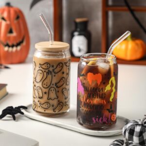 WODOHOLO Halloween Ghosts Iced Coffee Can Glass Gifts Halloween Drinking Glass Cup with Lid and Straw, 16oz Halloween Tumbler Beer Can Glass, Halloween Gifts, Halloween Decorations