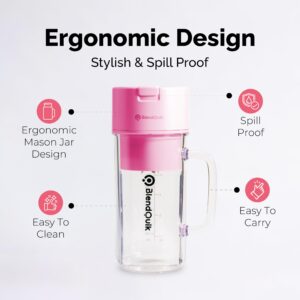 BlendQuik, Personal Portable Blender For Shakes & Smoothies, Leakproof & Stylish Portable Mason Jar Shaker, Rechargeable Mini Blender with 10-Blade Blending System 14oz, Pink