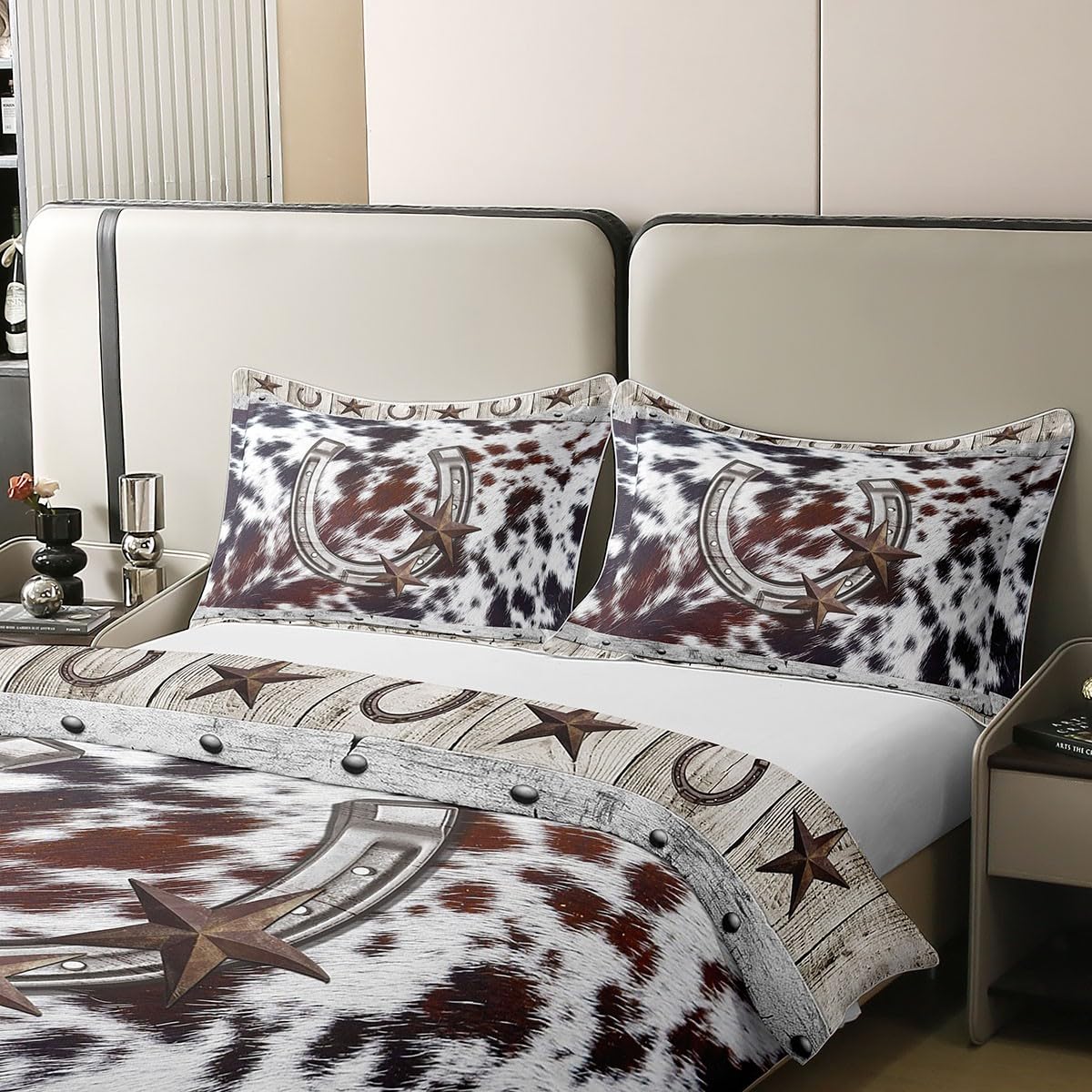 100% Organic Cotton Rustic Western Duvet Cover,Cow Print Bedding Set Queen,Farmhouse Highland Cow Farm Animal Comforter Cover for Cowboy Cowgirl,Old Barn Bed Sets with 2 Pillowcases Bedroom Decor