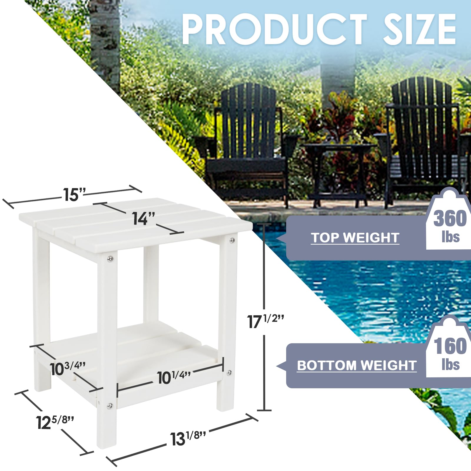 DAILYLIFE Outdoor Side Table, Adirondack Patio End Tables, Small Outdoor Coffee Table, HDPE Plastic End Table for Lawn, Garden, Beach, Pool, Balcony (White, Double Layer)