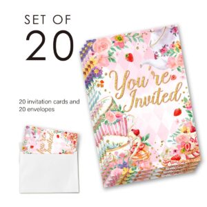 Tea Party Birthday Invitations Supplies Fill-In Set of 20 with Envelopes Pastel Tea Birthday Bash Invites Cards, Double Sided