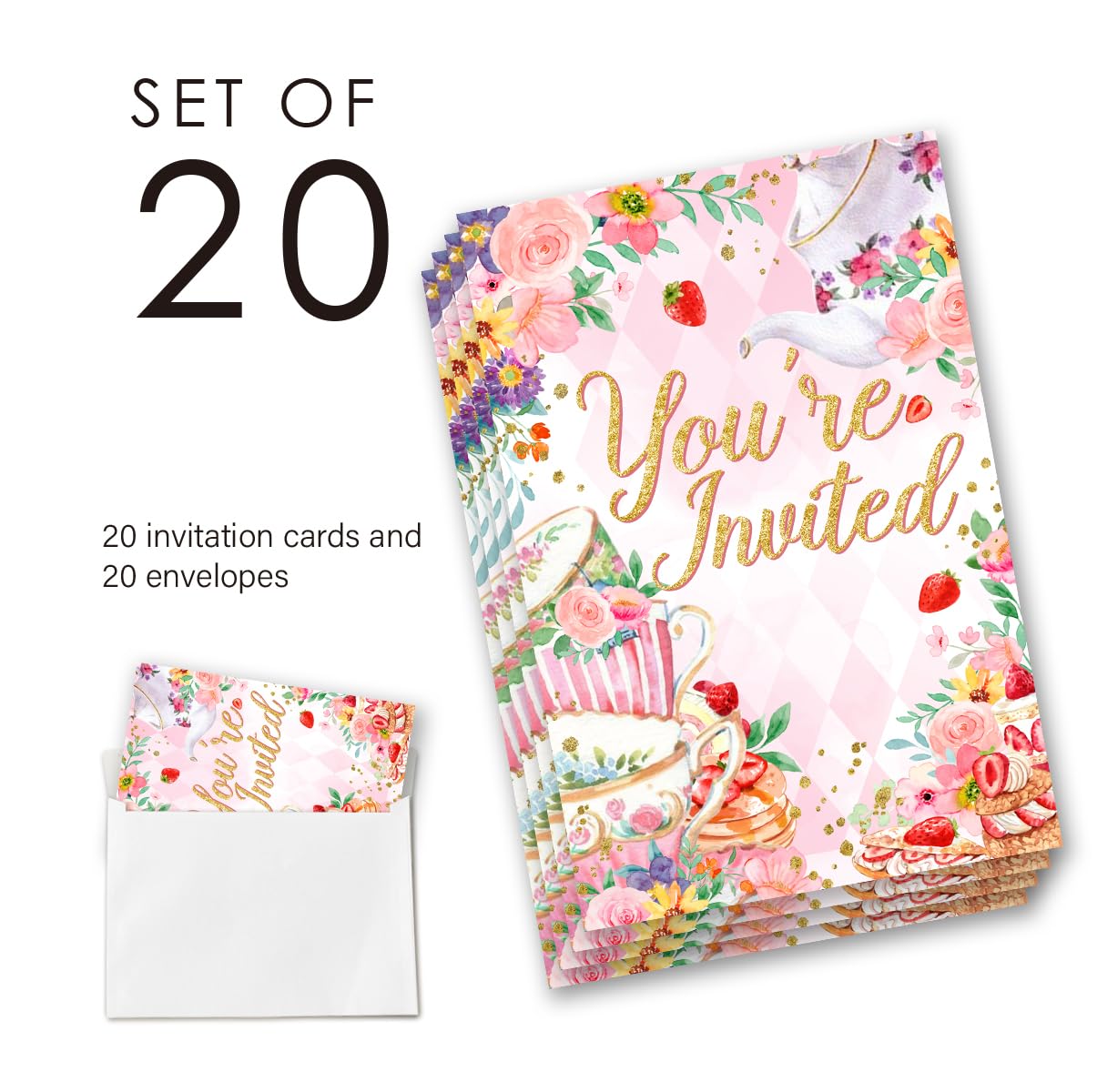 Tea Party Birthday Invitations Supplies Fill-In Set of 20 with Envelopes Pastel Tea Birthday Bash Invites Cards, Double Sided