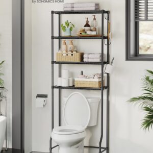 SONGMICS 4 Tier Over The Toilet Storage, Metal Storage Rack, Adjustable Shelves, 4 Hooks, Roll Holder, Space-Saving Bathroom Storage Shelf Organizer, 11.8 x 24.8 x 69.3 Inches, Black UBTS013B01