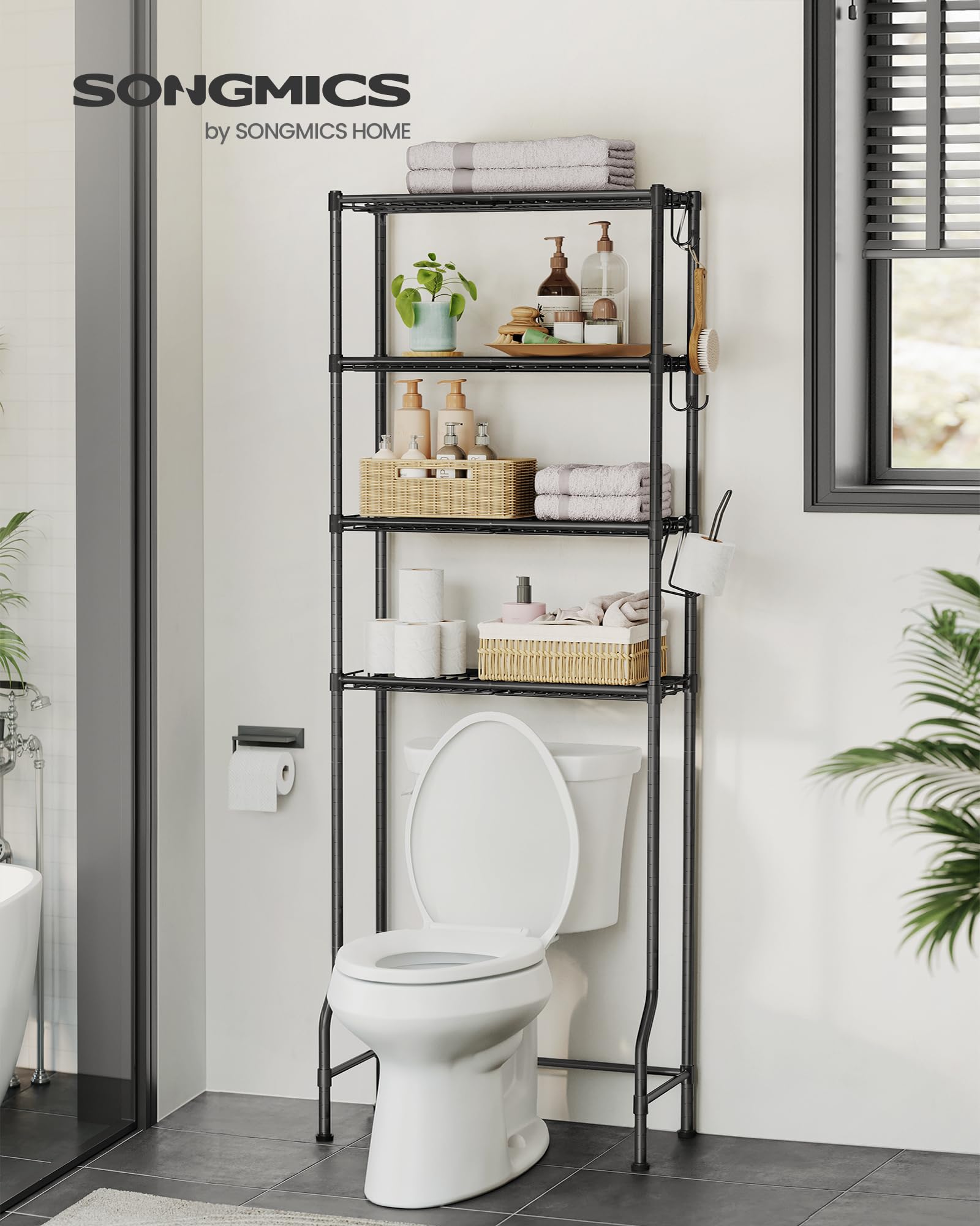 SONGMICS 4 Tier Over The Toilet Storage, Metal Storage Rack, Adjustable Shelves, 4 Hooks, Roll Holder, Space-Saving Bathroom Storage Shelf Organizer, 11.8 x 24.8 x 69.3 Inches, Black UBTS013B01