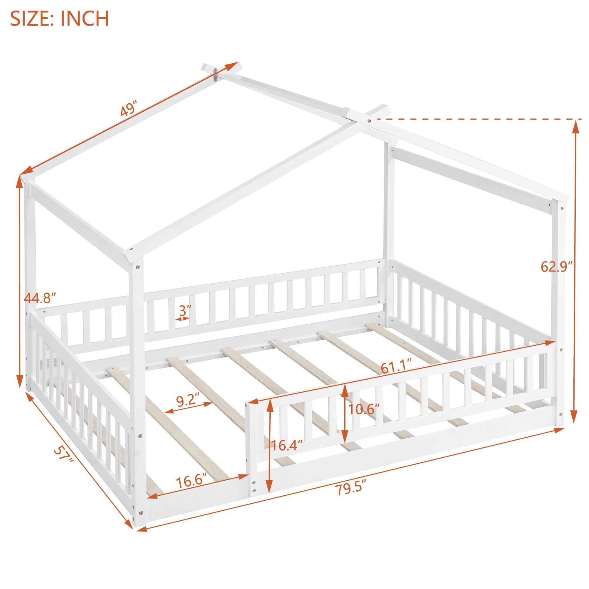 Harper & Bright Designs Full House Bed with Rails,Full Floor Bed for Kids,Full Size Montessori Bed Frame with Support Slats,Wooden Kids Full Playhouse Beds for Boys Girls(White)