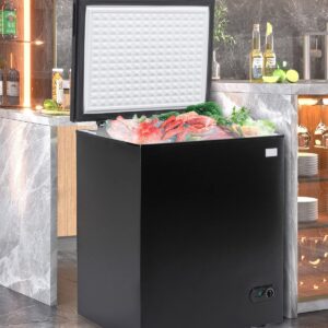 Muhub 5.0 Cu.Ft Chest Freezer,Deep Freezer with Removable Basket,Compact Freezer with Top Open Door, Adjustable Temperature, Low noise，Suitable for Kitchen Dorm Garage and Shed，Black