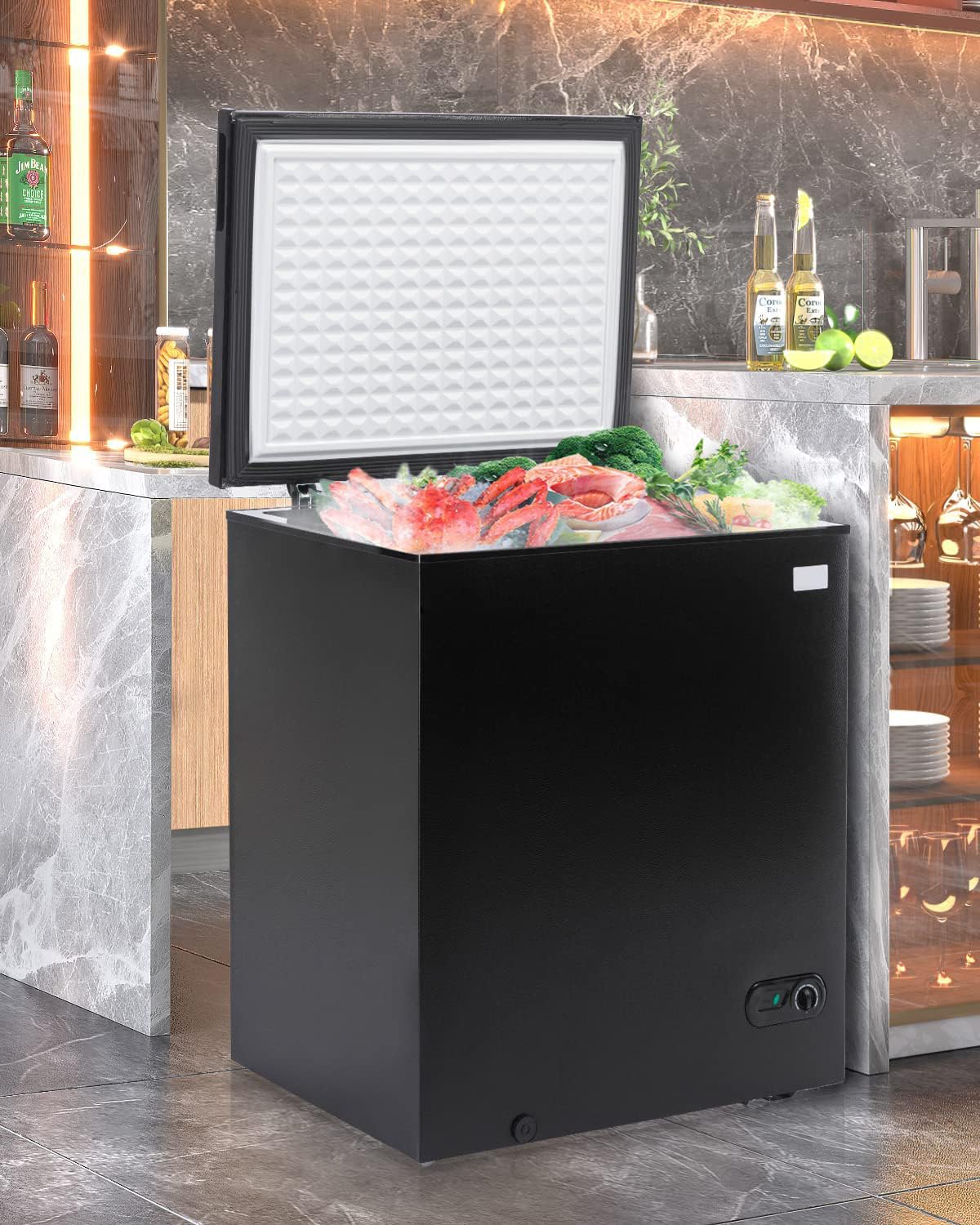 Muhub 5.0 Cu.Ft Chest Freezer,Deep Freezer with Removable Basket,Compact Freezer with Top Open Door, Adjustable Temperature, Low noise，Suitable for Kitchen Dorm Garage and Shed，Black